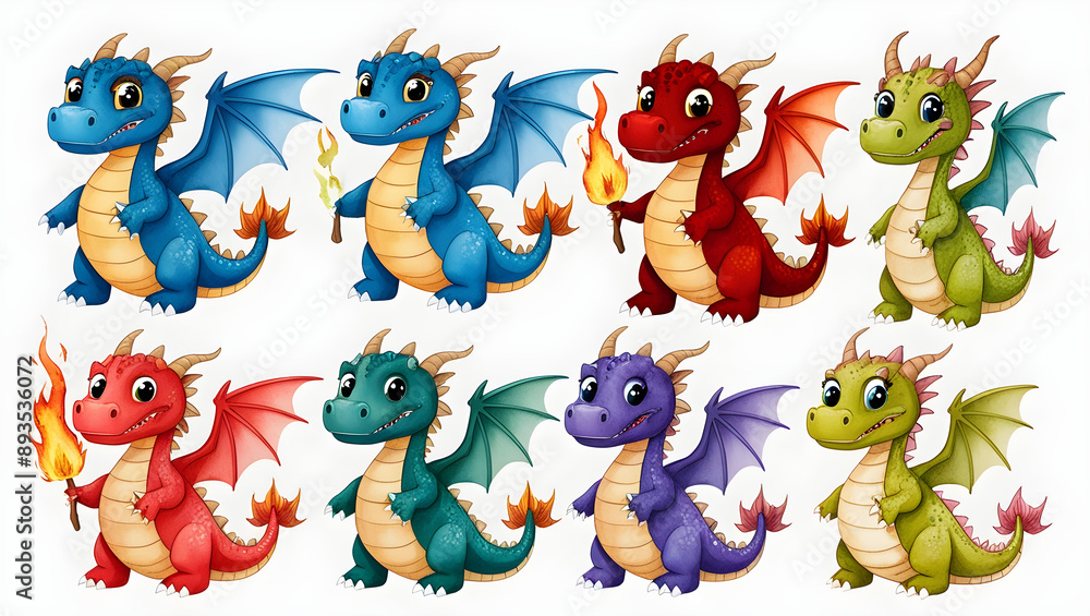 Obraz premium Watercolor illustration of Fantasy dragons. Cartoon scary fire breathing flying reptiles, fairy dragon characters, generative ai
