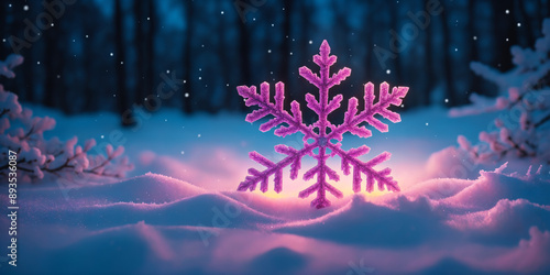 A big purple snowflake in a winter snow