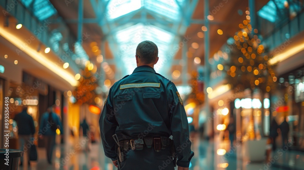 Security guard patrolling a busy, festive shopping mall Security guard patrolling a busy, festive shopping mall