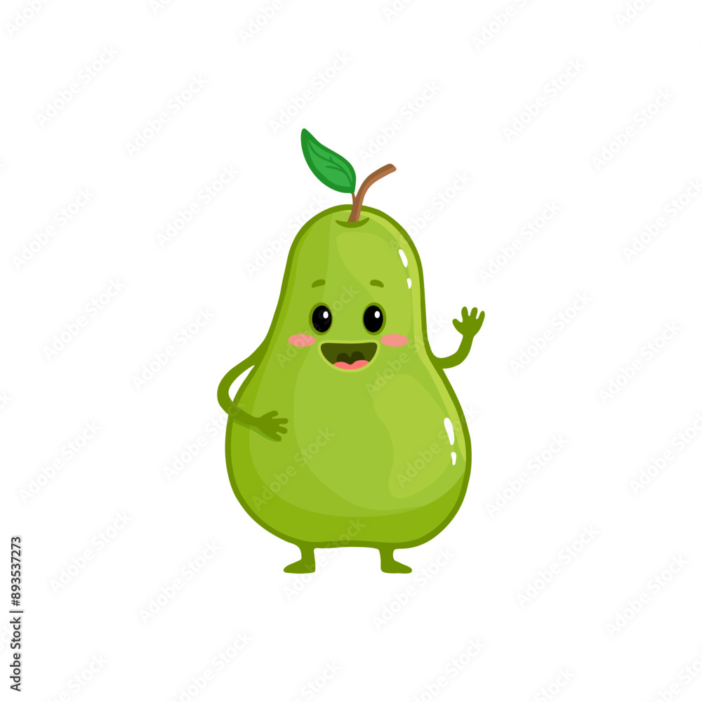Cute happy smiling green pear. Flat cartoon fruit isolated on white. Illustration for kids, magazins, menu, market, cards. Vector Cute happy smiling green pear. Flat cartoon fruit isolated on white. Illustration for kids, magazins, menu, market, cards. Vector