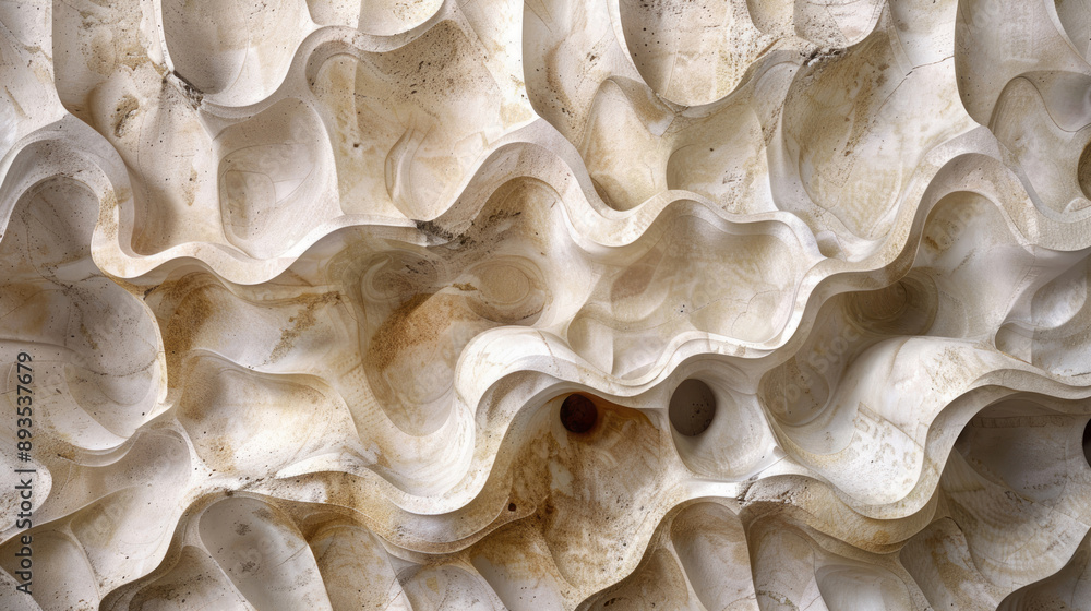 A textured stone wall showcases wavy waves and a decorative wavy pattern in cream, embodying abstraction-creation, futuristic organic elements, resin, and bold yet graceful design. A textured stone wall showcases wavy waves and a decorative wavy pattern in cream, embodying abstraction-creation, futuristic organic elements, resin, and bold yet graceful design.