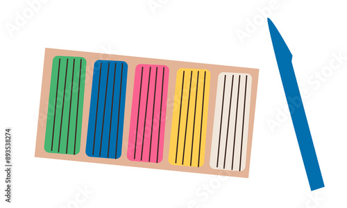 Kids modeling clay, colorful plasticine set with bricks, pieces and rainbow. Art process creative Hand drawn illustration in modern cartoon flat style.