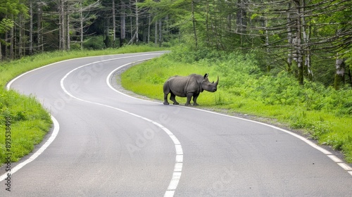 A large, gray rhinoceros with one horn walks on a dirt road in a forest, the trees on either side blurring into the distance