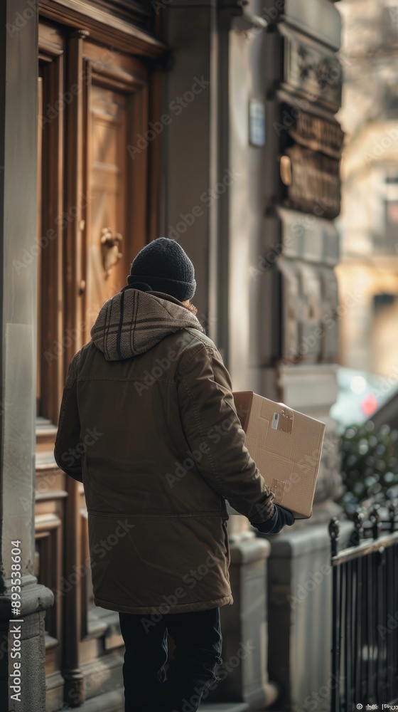 Man delivering package in winter scene Man delivering package in winter scene
