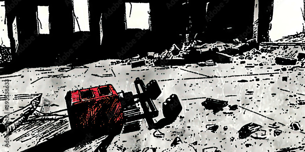 Fototapeta premium The Smoldering Remains of Innocence: A charred toy lying amidst the rubble of a bombed-out building