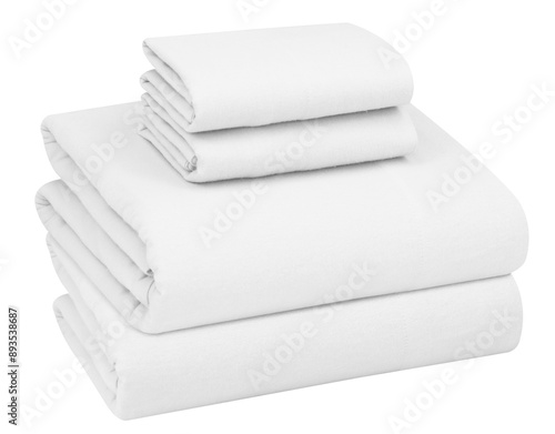 Foto White folded bedding sheets on white background, A stake of white folded bed lin