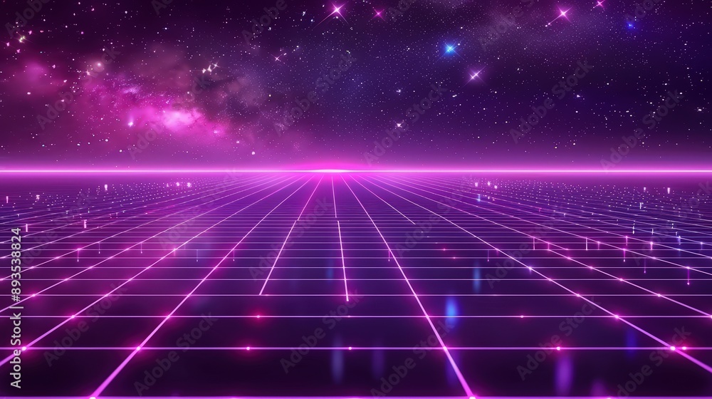Retro Futuristic Neon Gridscape Under a Starry Sky Retro Futuristic Neon Gridscape Under a Starry Sky