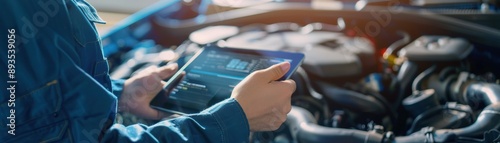 Mechanic using a digital tablet to diagnose car engine issues. Automotive technician working with advanced technology in a modern auto repair shop.