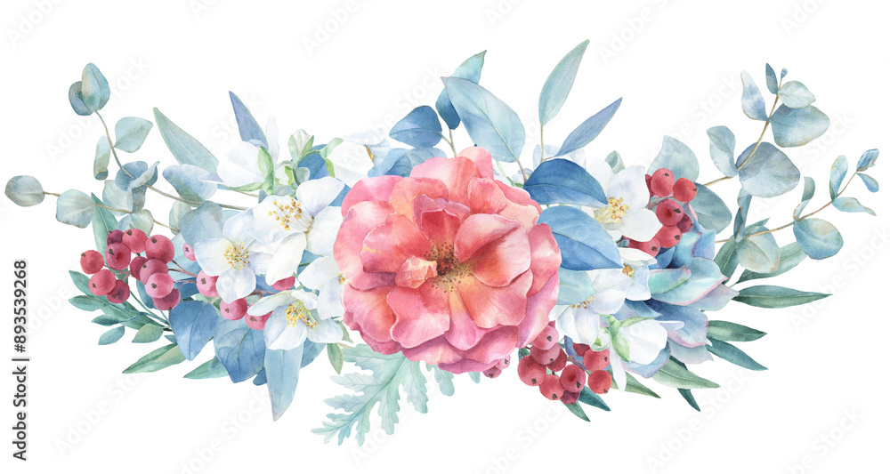 Fototapeta premium watercolor orange roses border, PNG, transparent backdrop, peach color bouquet with eucalyptus