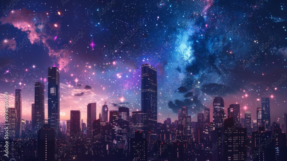 Obraz premium A cityscape with skyscrapers illuminated by city lights under a starry night sky.