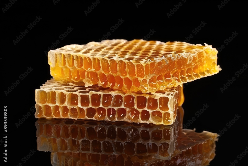 Golden honeycomb on black background. Perfect for use in food, health and beauty articles. Golden honeycomb on black background. Perfect for use in food, health and beauty articles.