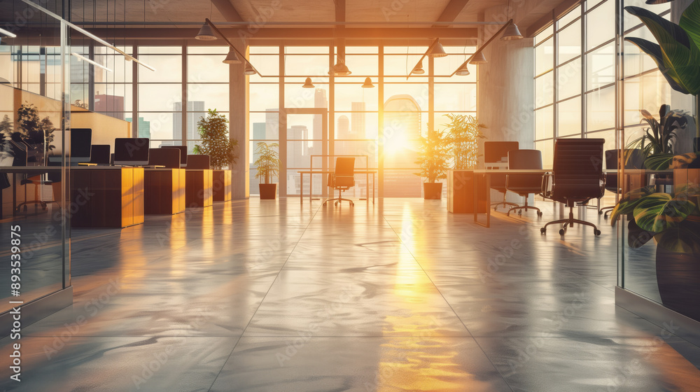 A large open office space with a view of the city skyline