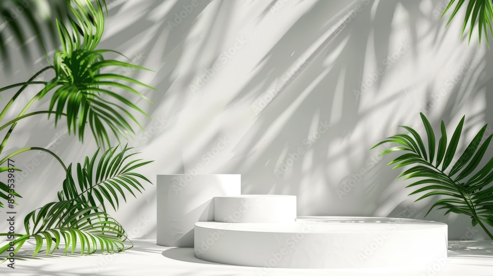 Summer outdoor abstract design - white podiums, sunlight, palm foliage, white interior. Summer outdoor abstract design - white podiums, sunlight, palm foliage, white interior.