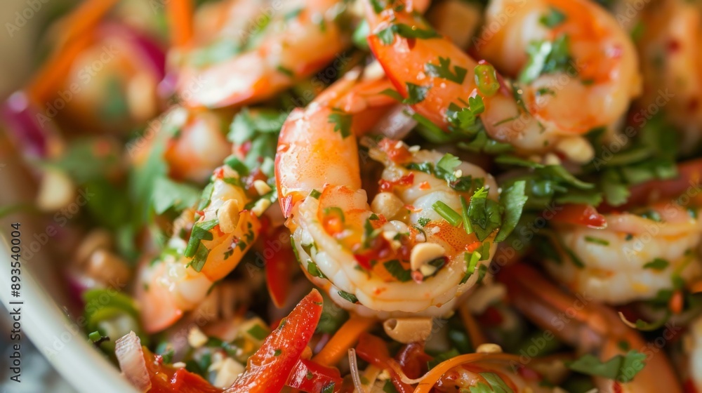A close-up of a fresh and colorful Thai salad with shrimp, herbs, and a spicy dressing. A close-up of a fresh and colorful Thai salad with shrimp, herbs, and a spicy dressing.