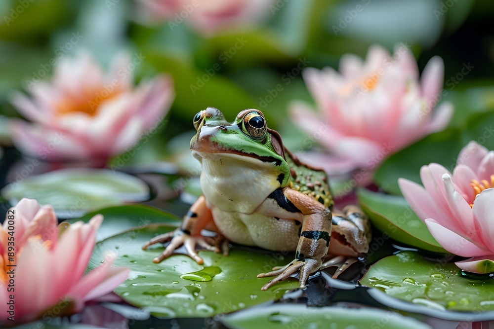 Vibrant Frog Perched on Lily Pad in Tranquil Pond Surrounded by Water Lilies Vibrant Frog Perched on Lily Pad in Tranquil Pond Surrounded by Water Lilies