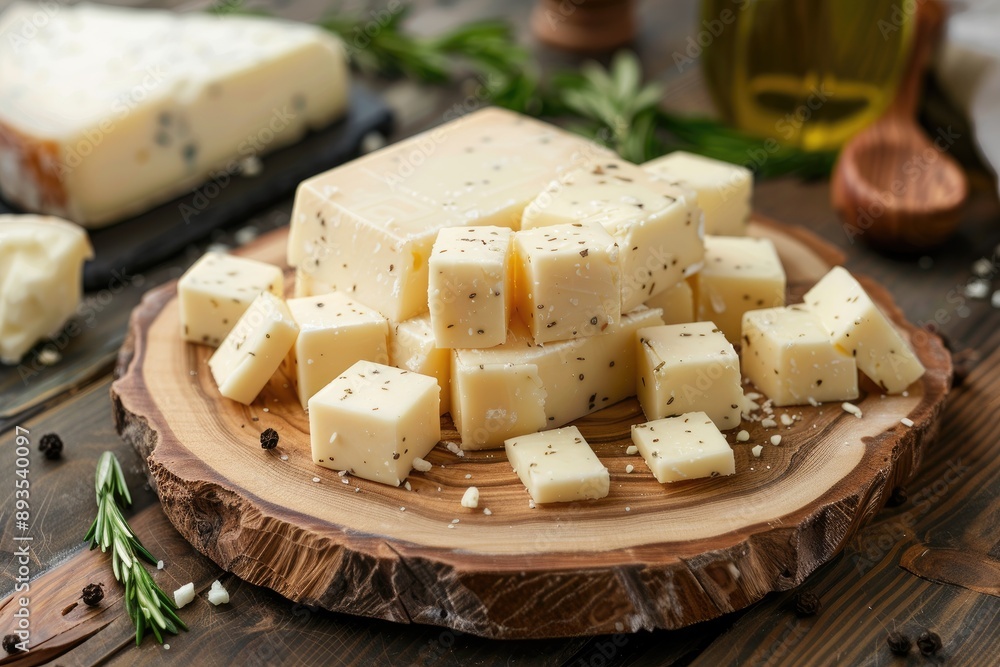 Cubes of cheese on a wooden board. Perfect for a culinary or food blog, showcasing the cheese's texture and flavor.