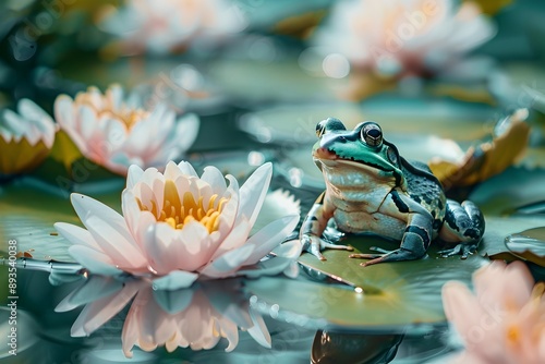 Vibrant Frog Sitting on Lily Pad in Tranquil Pond Surrounded by Blooming Water Lilies