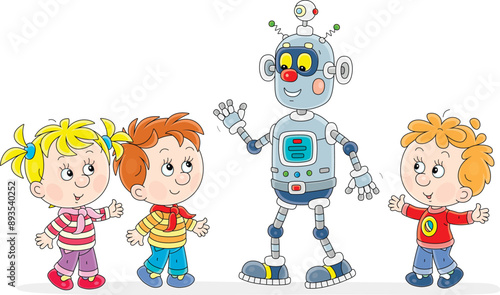 Happy little children merrily talking to a funny toy robot, vector cartoon illustration on a white background