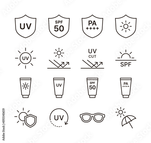 A set of line icon illustrations with minimal and simple summer, ultraviolet rays, sun protection, and protection concepts. UV, SPF, UV ray, shield, sun, sunblock, sunscreen, sunglasses, parasol icon.