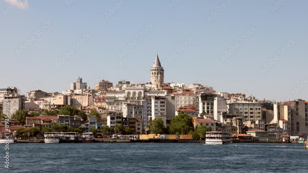 View of Istanbul, Turkey, from the Bosphorus Strait. A ferry travels past the Galata Tower, a landmark in the city's skyline. View of Istanbul, Turkey, from the Bosphorus Strait. A ferry travels past the Galata Tower, a landmark in the city's skyline.