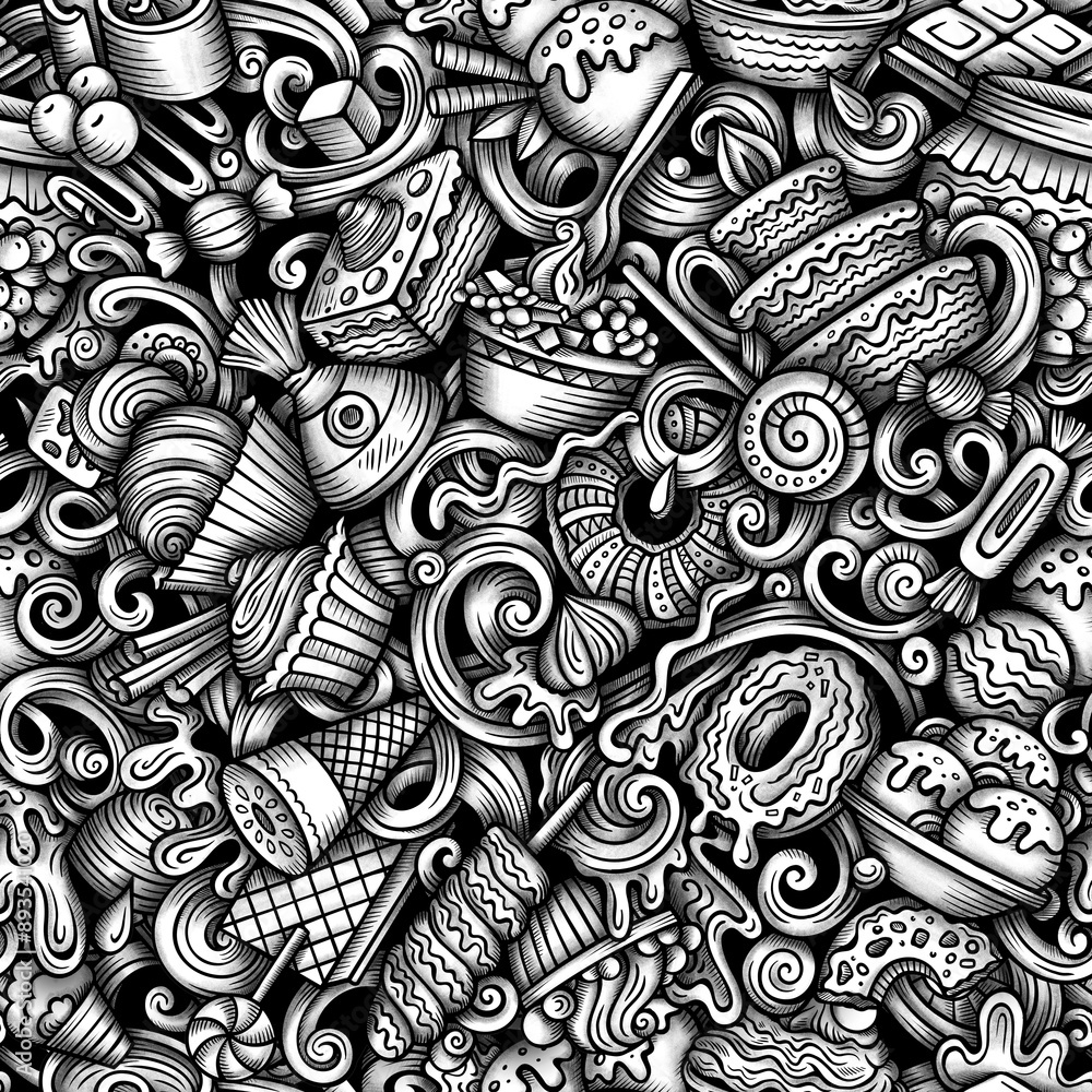 Graphics doodle Desserts seamless pattern. Graphics doodle Desserts seamless pattern.