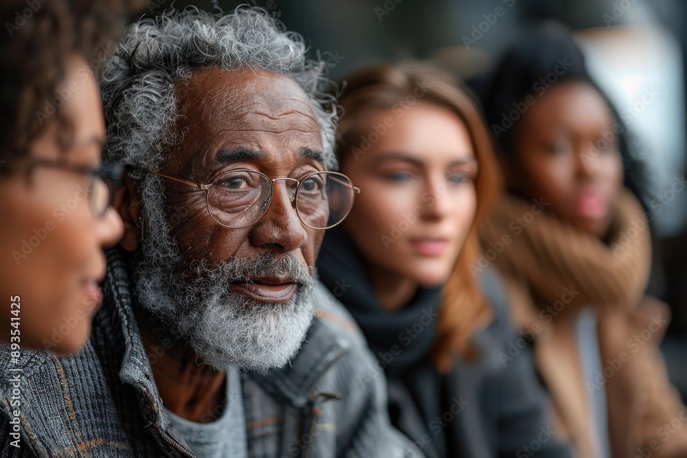 Portrait of an elderly man with a gray beard, wearing glasses, and a striped jacket, surrounded by a diverse group of people in the background, looking thoughtful. Portrait of an elderly man with a gray beard, wearing glasses, and a striped jacket, surrounded by a diverse group of people in the background, looking thoughtful.