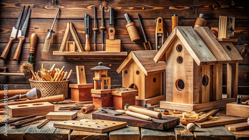 Carefully arranged woodworking tools and wooden planks on a workbench, surrounded by birdhouse parts, awaiting assembly, in a cozy home workshop atmosphere. photo