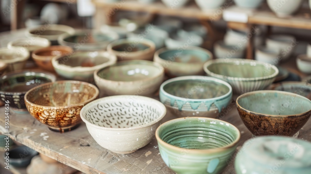 A collection of handcrafted ceramic bowls in various shapes and sizes on display at a pottery studio. A collection of handcrafted ceramic bowls in various shapes and sizes on display at a pottery studio.