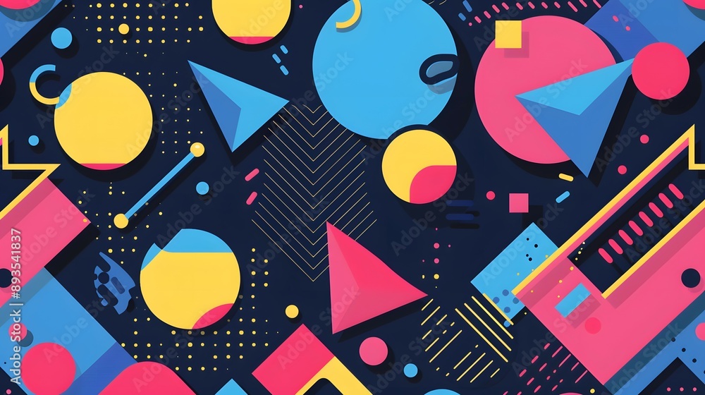 Abstract background with bright neon geometric shapes on a dark background in Memphis style. Back in the 90s Abstract background with bright neon geometric shapes on a dark background in Memphis style. Back in the 90s