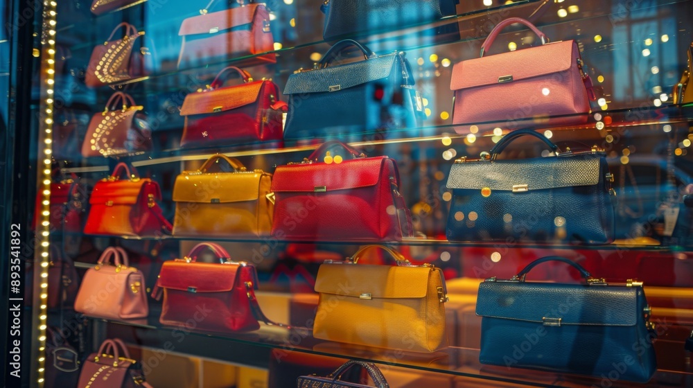 Naklejka premium A collection of colorful clutch bags displayed in a boutique window with city lights reflecting.