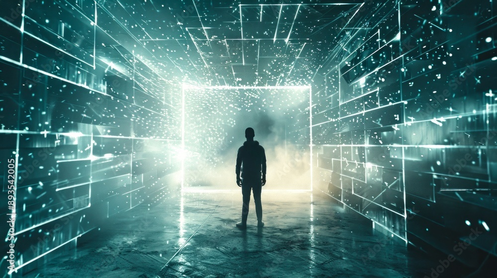 Futuristic Cyber Room with Figure in Center. An AI-generated image depicting a silhouette in a neon-lit digital hallway filled with light and data streams. Futuristic Cyber Room with Figure in Center. An AI-generated image depicting a silhouette in a neon-lit digital hallway filled with light and data streams.
