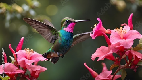 A few hummingbirds holding a pink blossom. Costa Roica's fiery-throated hummingbird is soaring by a stunning blooming flower in Savegre. photo