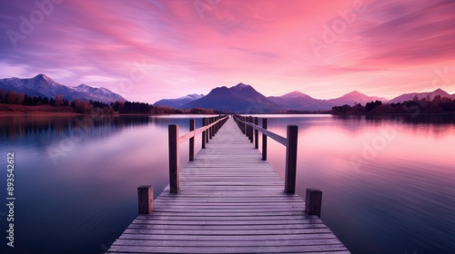 pink sky, lake with wooden bridge leading to the mountains
