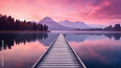 pink sky, lake with wooden bridge leading to the mountains