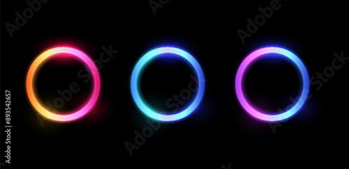 Neon glowing circles vector illustration set.