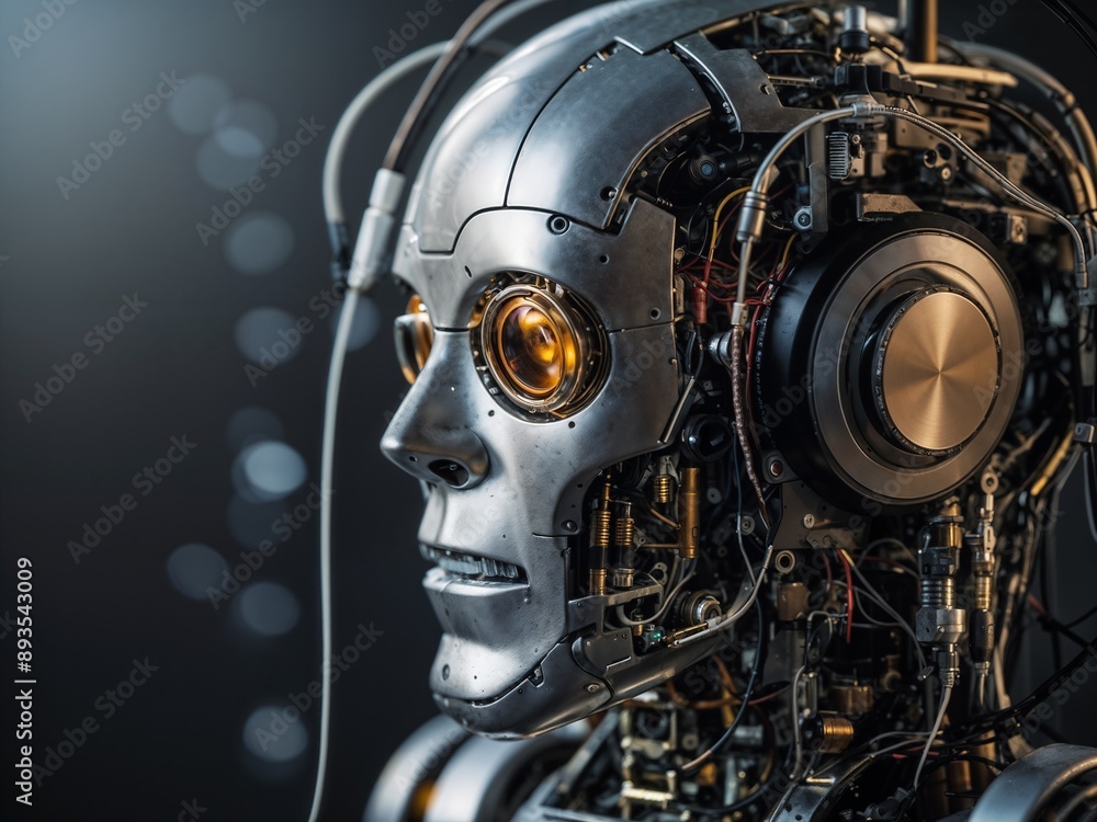The picture is of a metal humanoid robot with eyes, a camera, and complex internal parts. The robot comes in silver and gold colors. and has a simple brown background. The picture is of a metal humanoid robot with eyes, a camera, and complex internal parts. The robot comes in silver and gold colors. and has a simple brown background.