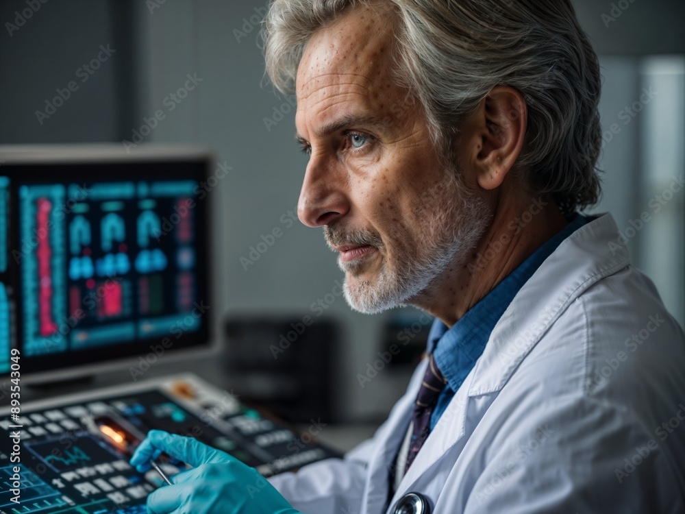 This image shows an elderly male doctor working in front of a computer screen with medical information. He was wearing gloves and holding some medical equipment. This image shows an elderly male doctor working in front of a computer screen with medical information. He was wearing gloves and holding some medical equipment.