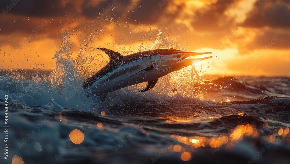Naklejka premium Marlin Leaping Through Sunset Waves