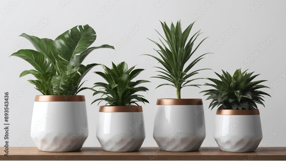 Fototapeta premium A row of four potted plants is displayed on a wooden shelf