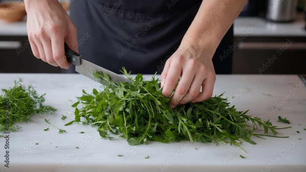 A person is cutting leafy greens on a cutting board A person is cutting leafy greens on a cutting board