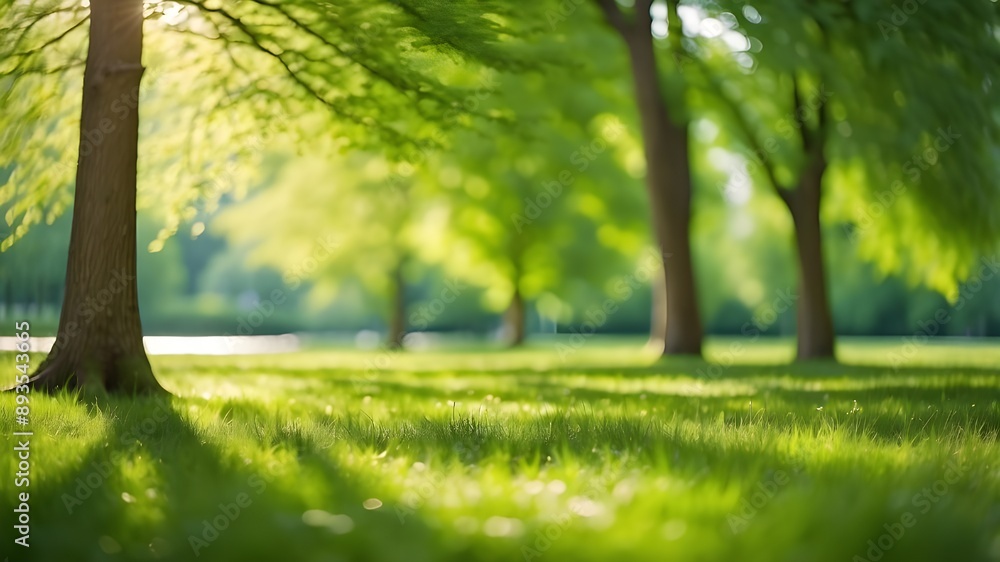 Defocused green trees in a park or woodland with sunlight beaming through untamed grass. Gorgeous natural background of summer and spring. Defocused green trees in a park or woodland with sunlight beaming through untamed grass. Gorgeous natural background of summer and spring.