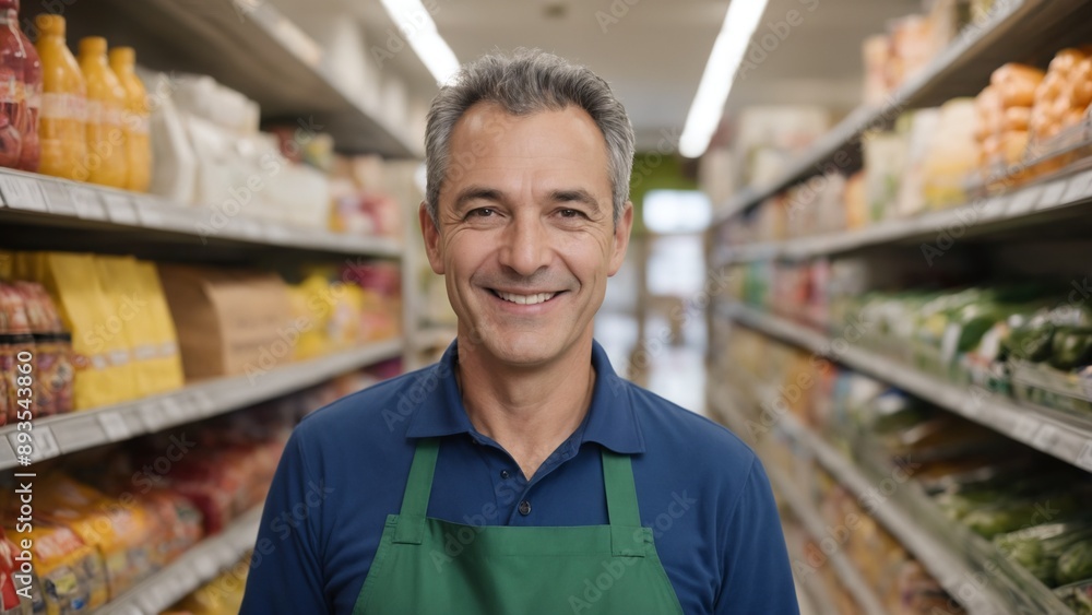 A man in apron smiles in store near shelves of foods, offering trade service A man in apron smiles in store near shelves of foods, offering trade service
