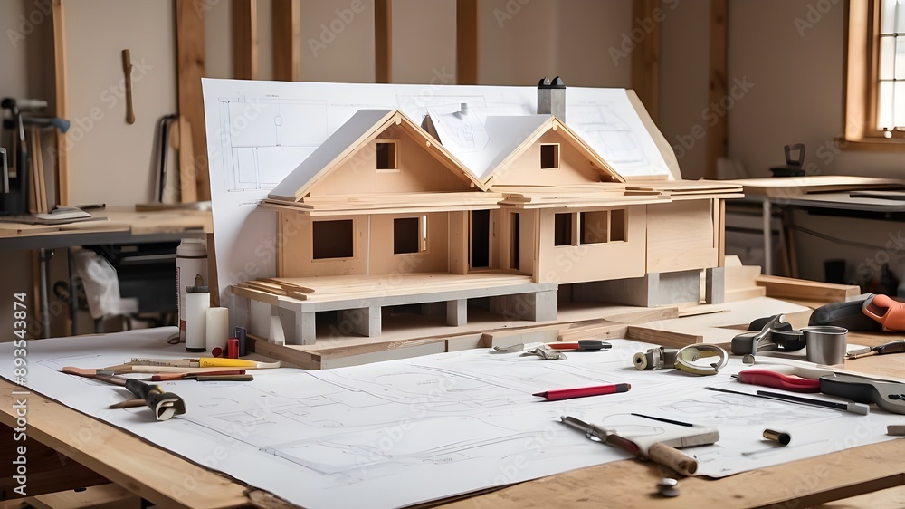 The house plans sitting on a worktable while remodeling or building is underway. The house plans sitting on a worktable while remodeling or building is underway.
