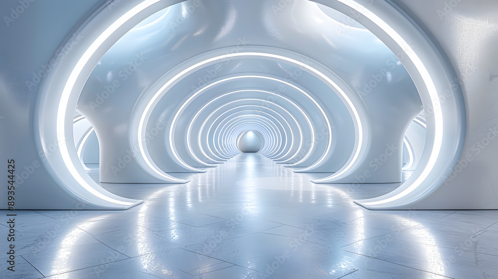 Futuristic white architectural hallway with curved arches and glowing lights, creating a sleek and modern sci-fi ambiance. Futuristic white architectural hallway with curved arches and glowing lights, creating a sleek and modern sci-fi ambiance.