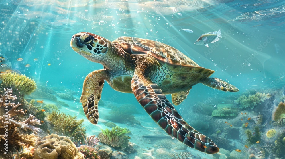 Obraz premium Sea Turtle Gracefully Swimming Through Coral Reef