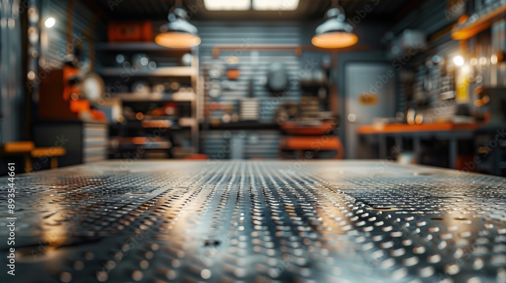 A metal blank tabletop with blurred automotive tools and parts in the background suitable for promoting automotive products A metal blank tabletop with blurred automotive tools and parts in the background suitable for promoting automotive products