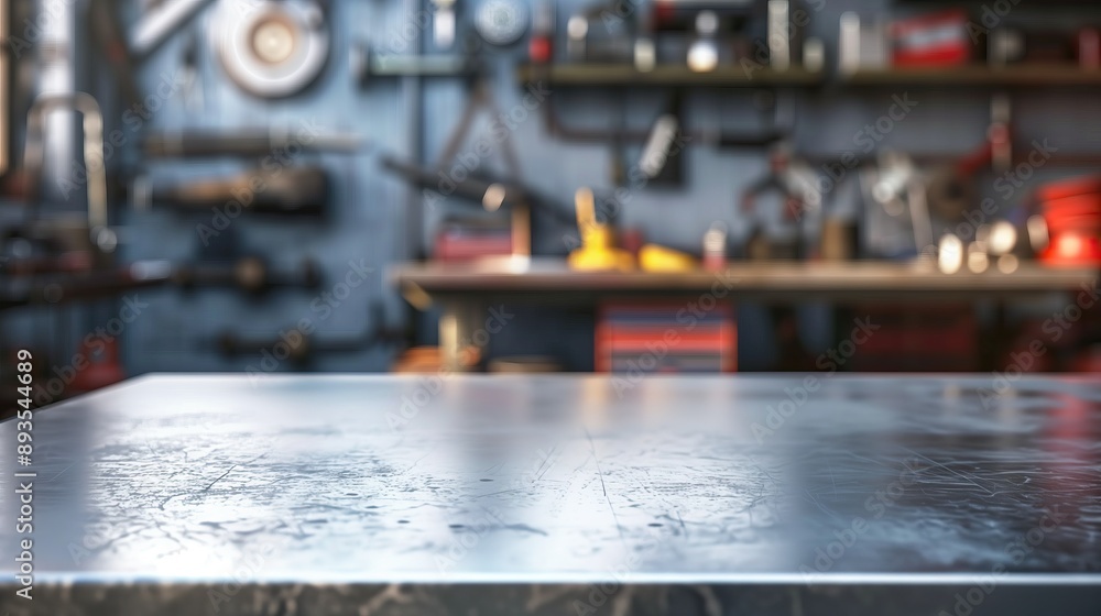 A metal blank tabletop with blurred automotive tools and parts in the background suitable for promoting automotive products A metal blank tabletop with blurred automotive tools and parts in the background suitable for promoting automotive products