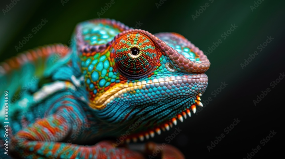 Obraz premium This image captures the vivid and intricate patterns of a chameleon up close, highlighting the animal's vibrant skin tones and detailed textures in a stunning portrait.