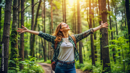 Sustainable eco friendly fashion clothes woman feeling free with open arms in woods forest happy breating clean air Travel tourist girl walking in natural healthy environment renewable resource photo