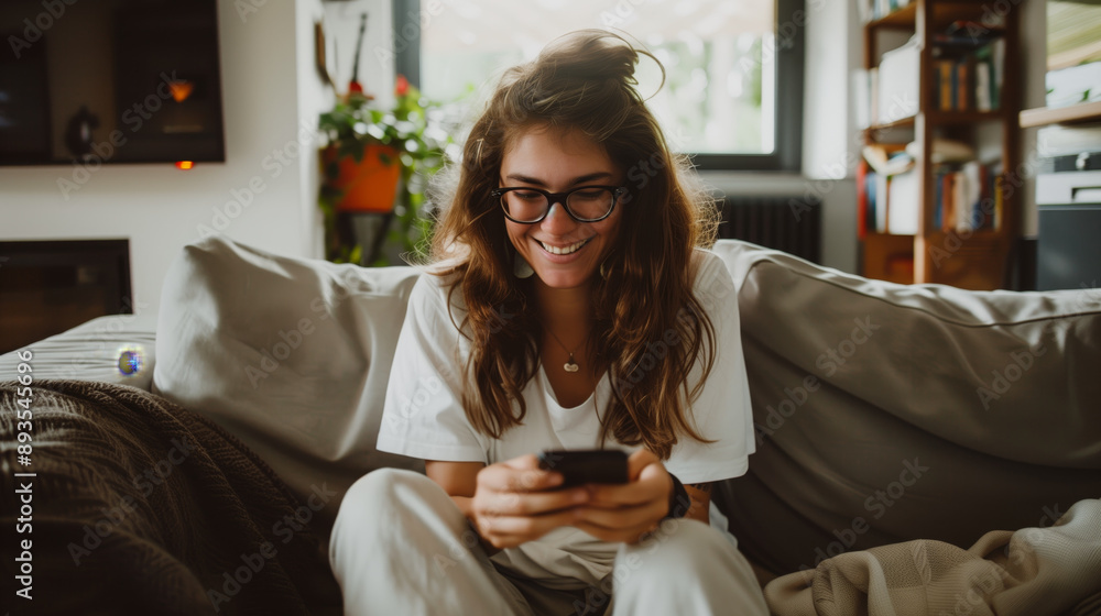 Woman smiling while texting on her phone on the couch... Woman smiling while texting on her phone on the couch...